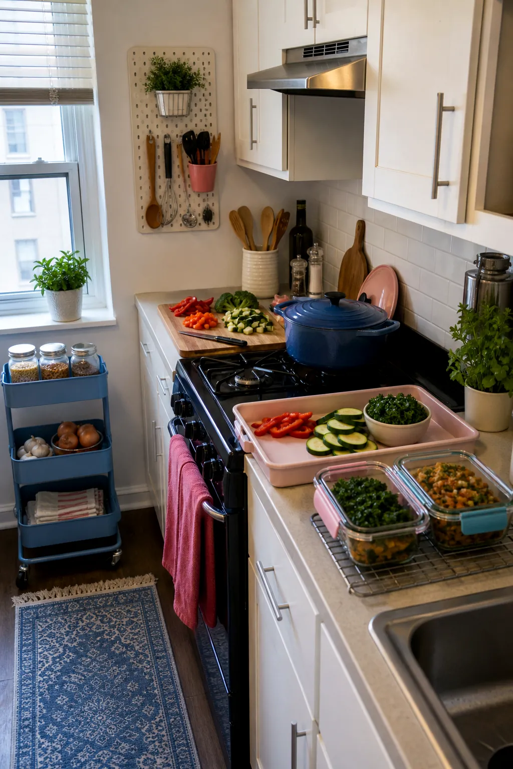 Small galley kitchen arranged for a four-station weeknight cooking workflow