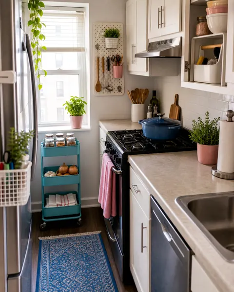 Tiny apartment kitchen with renter-friendly storage systems
