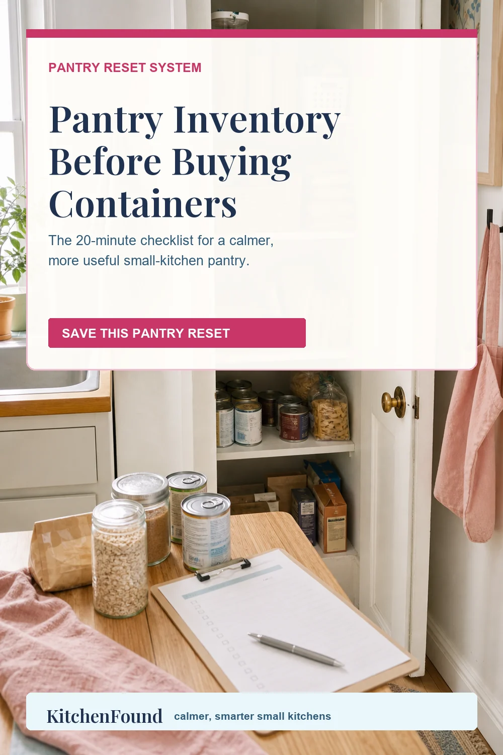 Pinterest graphic for pantry inventory checklist before buying containers
