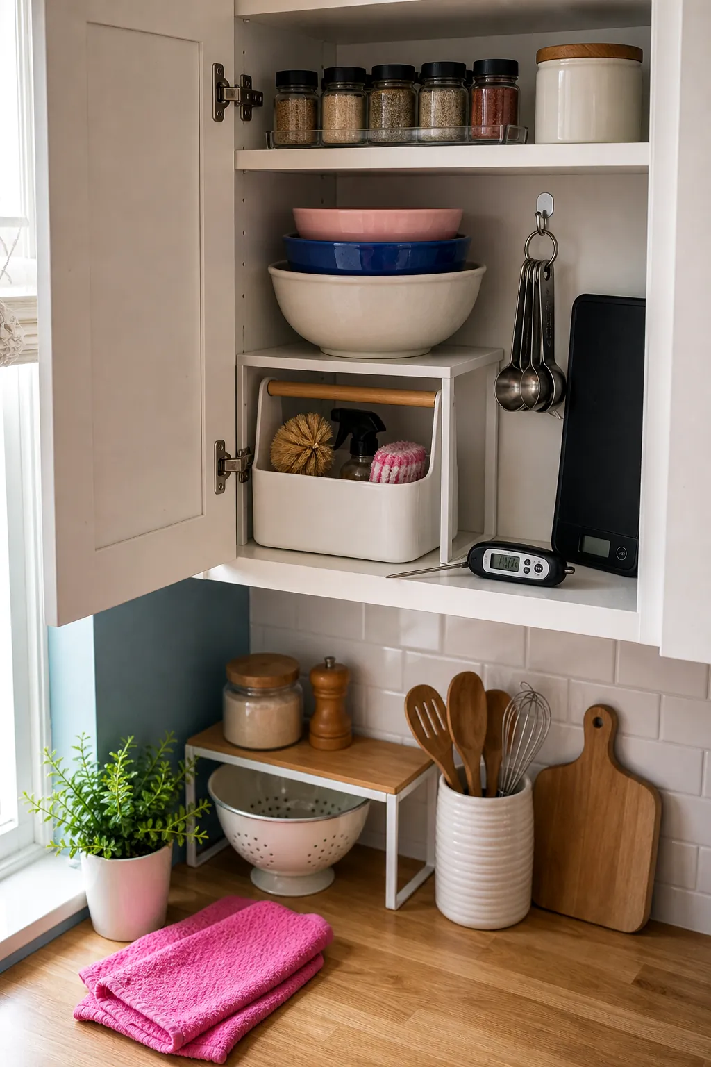 Compact apartment kitchen cabinet storing nesting bowls, shelf riser, thermometer, scale, hooks, and a small caddy