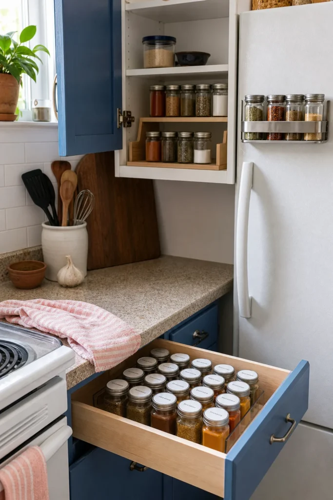 Compact rental kitchen with a shallow spice drawer, cabinet shelf riser, and fridge-side magnetic spice rack
