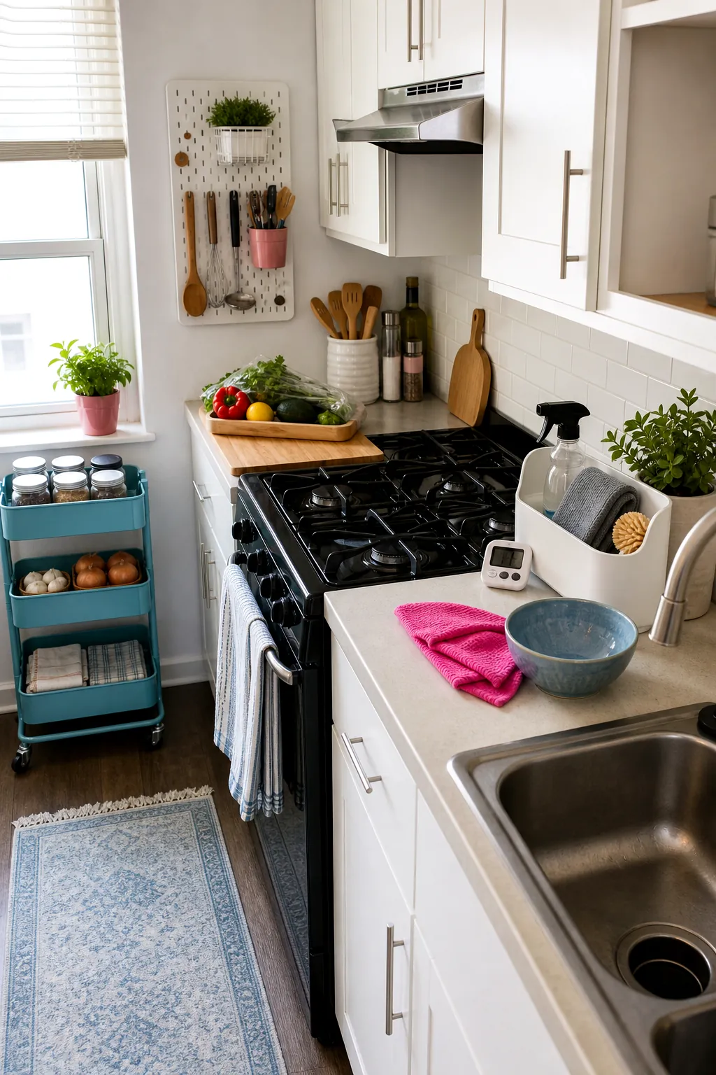 Sunday kitchen reset routine in a realistic small apartment kitchen
